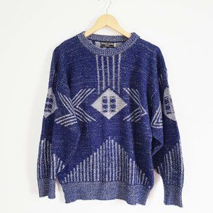 Vintage Blue Ski Sweater Blue Wool Coogi Style Sweater Mockneck Jump Blue Size L